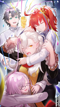 1boy 3girls ahoge ascot black-framed_eyewear black_hair blue_eyes blush braid chaldea_logo chaldea_security_organization chaldea_uniform closed_eyes commentary_request confetti fate/grand_order fate_(series) fujimaru_ritsuka_(female) fujimaru_ritsuka_(male) glasses group_hug hair_between_eyes hair_ornament hair_over_one_eye hair_scrunchie harnetyss holding holding_party_popper hug long_hair long_sleeves mash_kyrielight multiple_girls olga_marie_animusphere one_eye_closed one_side_up open_mouth orange_hair party_popper purple_hair red_ascot scrunchie sharp_teeth short_hair side_braid side_ponytail smile streamers teeth upper_teeth_only white_hair yellow_eyes yellow_scrunchie