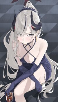 Rule 34 | 1girl, black horns, blue archive, blue dress, blue gloves, blush, breasts, cleavage, cup, demon horns, dress, elbow gloves, gangjeong, gloves, gradient horns, grey hair, hair over one eye, halo, halter dress, halterneck, highres, holding, holding cup, horns, large breasts, long hair, looking at viewer, makoto (blue archive), makoto (dress) (blue archive), multicolored horns, multiple horns, official alternate costume, pointy ears, sitting, solo