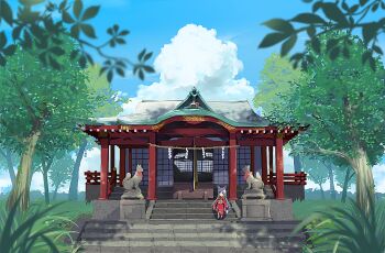 1girl animal_ear_fluff animal_ears blue_sky blunt_bangs cloud commentary_request fox_ears fox_statue full_body grass japanese_clothes kimono long_sleeves motohara_moka obi original outdoors red_kimono sandals sash shadow shrine sidelocks sitting sky socks solo statue tree white_hair white_socks wide_sleeves yellow_eyes