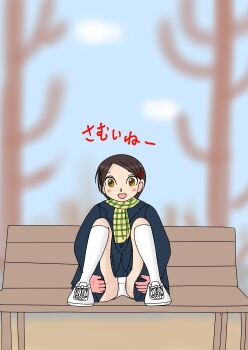 1girl bench black_coat black_skirt blush brown_eyes brown_hair cloud coat crotch_seam gloves hair_ornament hairclip hands_on_own_thighs kneehighs loli long_sleeves looking_at_viewer on_bench open_mouth original panties pee_stain pink_gloves plaid_clothes plaid_scarf scarf sexless2012 shoes short_hair sitting skirt sky smile sneakers socks spread_legs stained_panties tree underwear white_panties white_shoes white_socks yellow_scarf