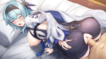 Rule 34 | 1boy, 1girl, all fours, anus, ass, bed sheet, bent over, blue necktie, blush, breasts, breasts out, cape, closed eyes, clothed female nude male, clothed sex, commentary request, eula (genshin impact), genshin impact, hair ornament, hairband, hand on own ass, hetero, highres, large breasts, large variant set, leotard, long hair, necktie, nipples, nude, on bed, penis, pillow, pineapp panda, puckered anus, pussy, sex, thighhighs, torn clothes, torn leotard, uncensored, vaginal, variant set