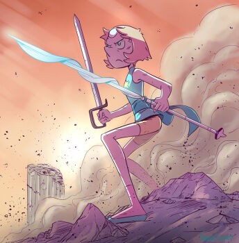 Rule 34 | 1girl, asymmetrical dual wielding, blonde hair, blue eyes, commentary, cubedcoconut, dual wielding, english commentary, fighting stance, forehead jewel, frown, full body, furrowed brow, holding, holding polearm, holding sword, holding weapon, light rays, pearl (steven universe), polearm, serious, short hair, signature, smoke, solo, steven universe, sword, weapon