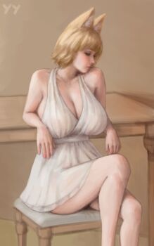 Rule 34 | 1girl, animal ears, blonde hair, blush, breasts, cleavage, dress, fox ears, hair ornament, hairclip, highres, huge breasts, looking to the side, no tail, short hair, sitting, solo, table, thighs, touhou, white dress, yakumo ran, yellow eyes, yyf (seaknight)