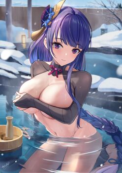 1girl absurdres arm_support bare_tree black_gloves blurry blurry_background braid breasts bridal_gauntlets choko_(cup) closed_mouth commentary_request covering_breasts covering_privates cup depth_of_field fence floating floating_object genshin_impact gloves grabbing_another&#039;s_breast grabbing_own_breast gradient_eyes groping highres lamp large_breasts long_hair looking_at_viewer low-braided_long_hair low-tied_long_hair may9 mole mole_under_eye multicolored_eyes navel neck_ribbon nude onsen outdoors partially_submerged partially_underwater_shot purple_eyes purple_hair raiden_shogun red_ribbon ribbon ripples shrug_(clothing) single_braid sitting snow solo stomach tokkuri tray tree very_long_hair water winter wooden_fence wooden_tray