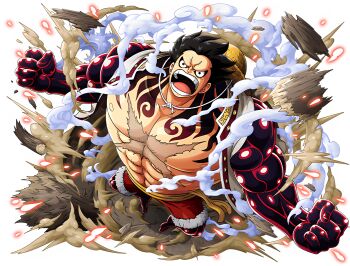 1boy abs attack barefoot black_hair blue_shorts bodskih clenched_hands destruction full_body gear_fourth gear_fourth:_boundman haki_(one_piece) hat jumping looking_at_viewer monkey_d._luffy muscular non-web_source official_art one_piece one_piece_treasure_cruise open_mouth scar scar_on_chest shiny_skin short_hair shorts solo steam straw_hat transparent_background unworn_hat unworn_headwear