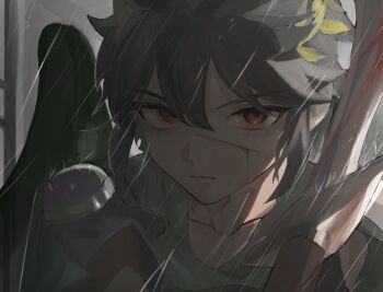 1boy black_scarf black_wings blood blood_on_face closed_mouth collarbone cuts dark_pit empty_eyes expressionless injury kid_icarus kid_icarus_uprising laurel_crown looking_at_viewer male_focus nintendo portrait rain scarf short_hair sidelocks solo spiked_hair sword v-shaped_eyebrows weapon wings yuuri_snpr