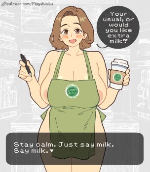 1girl :d absurdres apron areola_slip bare_arms bare_shoulders blush breasts brown_eyes brown_hair cleavage commentary cowboy_shot cup drinking_glass english_commentary english_text forehead green_apron hands_up highres holding holding_cup holding_pen huge_breasts legs_together mature_female mayu_naisu naked_apron open_mouth original patreon_username pen short_hair smile solo speech_bubble standing straight-on straight_hair