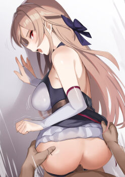 1boy 1girl anus arou_(arrow_x666) ass bare_shoulders bent_over blush breasts brown_hair censored cleavage clothed_female_nude_male clothed_sex doggystyle dress furen_e_lustario grabbing_another&#039;s_ass groping hair_between_eyes hanging_breasts hetero highres large_breasts long_hair looking_at_viewer navel nijisanji nude open_mouth penis red_eyes sex sex_from_behind simple_background skirt top-down_bottom-up vaginal very_long_hair virtual_youtuber white_background