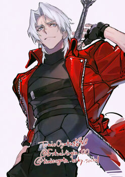 1boy belt blue_eyes closed_mouth dante_(devil_may_cry) devil_may_cry_(netflix) devil_may_cry_(series) gloves greyscale highres holding holding_weapon looking_at_viewer male_focus monochrome ogata_tomio shirt simple_background solo standing sword weapon white_background white_hair