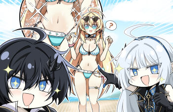 1boy 2girls ? ahoge aqua_bikini bare_shoulders beach bikini black_choker black_dress black_gloves black_hair black_jacket blonde_hair blue_dress blue_eyes blue_hairband bracelet breasts checkered_clothes checkered_dress checkered_hairband choker cleavage coat_dress collarbone commentary_request diamond-shaped_pupils diamond_(shape) dress drooling earrings eyewear_on_head feet_out_of_frame female_tyrant_(stella_sora) frilled_gloves frills front-tie_bikini_top front-tie_top gloves gluteal_fold grey_hair hair_intakes hairband heart heart-shaped_eyewear highres jacket jewelry korean_commentary large_breasts layered_dress male_tyrant_(stella_sora) meme multicolored_bikini multiple_girls navel necklace noya_(lingering_sunlight)_(stella_sora) noya_(stella_sora) ocean official_alternate_costume open_mouth outdoors pointing pointy_ears sand scrunchie side-tie_bikini_bottom single_earring smile sparkling_eyes speech_bubble spoken_question_mark standing star_(symbol) star_necklace stella_sora stomach striped_bikini striped_clothes sunglasses sweatdrop swimsuit symbol-shaped_pupils thigh_gap thigh_strap tsurime two-tone_bikini two_soyjaks_pointing_(meme) tyrant_(stella_sora) v-shaped_eyebrows vertical-striped_bikini vertical-striped_clothes water windy_(jazz9207) wrist_scrunchie zoom_layer