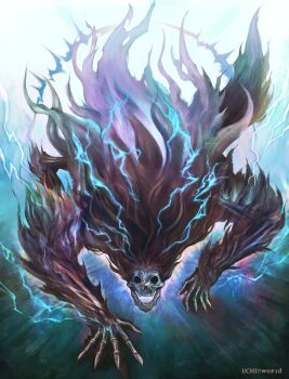 absurdres artist_name bloodborne bone brown_fur claws darkbeast_paarl electricity electrokinesis highres looking_at_viewer monster monster_focus no_humans open_mouth skull solo teeth uchi_vs_the_world undead