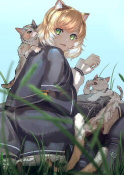 Rule 34 | 1girl, absurdres, animal ear fluff, animal ears, arknights, black boots, black capelet, black skirt, black thighhighs, blonde hair, blue sky, boots, capelet, cat, cat ears, cat girl, cat tail, commentary request, etobane, fang, frilled skirt, frills, from behind, grass, green eyes, hand up, highres, long sleeves, looking back, mousse (arknights), multicolored hair, multiple cats, multiple tails, open mouth, outdoors, shirt, short hair, sitting, skin fang, skirt, sky, streaked hair, swept bangs, tail, thighhighs, two-tone hair, two tails, white hair, white shirt, white streaks