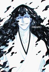 Rule 34 | 1boy, black sclera, bleach, collarbone, colored sclera, colored skin, evil smile, hair between eyes, highres, hollow ichigo, japanese clothes, kimono, looking at viewer, male focus, shihakusho, shirt, smile, solo, twitter username, veil, wdberry0715, white background, white eyes, white hair, white shirt, white skin