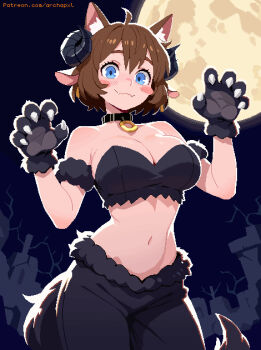 1girl ahoge animal_ear_fluff animal_ears animal_hands anya_(archapxl) archapxl armband bare_shoulders black_armband black_collar black_gloves black_horns black_pants blue_eyes blush blush_stickers breasts brown_hair cat_ears cat_girl claw_pose cleavage closed_mouth collar commentary cowboy_shot fang fangs full_moon gloves hair_between_eyes halloween hands_up highres horns jaggy_lines large_breasts looking_at_viewer midriff moon navel night night_sky original pants patreon_username paw_gloves pixel_art short_hair skin_fang sky smile solo standing tail watermark web_address
