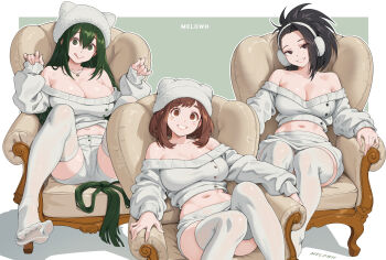 3girls :q absurdres alternate_breast_size_(larger) alternate_costume artist_name asui_tsuyu beanie black_hair bob_cut boku_no_hero_academia border breasts brown_hair chair collage collarbone commentary cropped_sweater double-parted_bangs earmuffs english_commentary forehead green_hair hat highres jewelry large_breasts long_sleeves looking_at_viewer melowh midriff multiple_girls navel necklace off-shoulder_sweater off_shoulder on_chair ribbon_hair short_shorts shorts signature simple_background single_sidelock sitting smile stomach sweater thighhighs tongue tongue_out uraraka_ochako white_border white_hat white_shorts white_sweater white_thighhighs yaoyorozu_momo