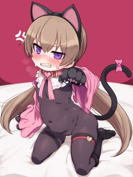 1girl anger_vein animal_ears animal_hands annoyed arm_up black_bodysuit black_gloves black_socks blush bodystocking bodysuit breasts brown_hair cat_ears cat_tail claw_pose claws clenched_teeth collar covered_navel detached_sleeves fake_animal_ears fake_tail gloves groin heart highres kneeling loli long_hair low_twintails no_panties null_(nyanpyoun) paw_gloves pink_eyes pink_sleeves pregnant ribbon see-through_clothes sharp_teeth small_breasts socks solo stomach sweat tail tail_ornament tail_ribbon teeth thigh_strap thighband_bodystocking thighs tsukuyomi_ai twintails very_long_hair voiceroid