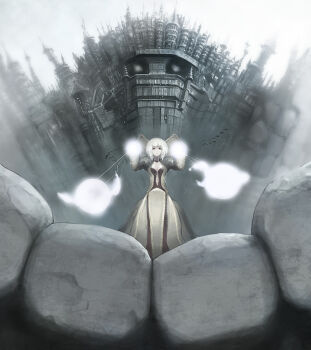 Rule 34 | 1girl, cityscape, dress, fantasy, female focus, lifemeat, magic, pixiv fantasia, pixiv fantasia 1, scenery, solo, white hair, white theme