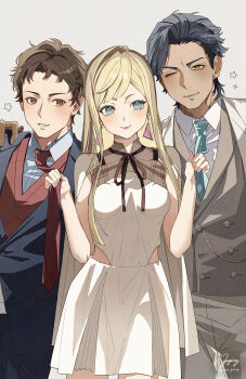 Rule 34 | 1girl, 2boys, absurdres, asa going, black jacket, blonde hair, blue eyes, blue hair, blue necktie, breasts, brown eyes, brown hair, brown vest, closed mouth, clothes grab, commentary request, dress, earrings, gigi andalusia, grey background, gundam, gundam hathaway's flash, hathaway noa, highres, jacket, jewelry, kenneth sleg, long hair, looking at another, looking at viewer, multiple boys, necktie, necktie grab, neckwear grab, one eye closed, parted bangs, parted lips, red necktie, short hair, simple background, small breasts, smile, star (symbol), swept bangs, vest, white dress