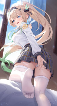 Rule 34 | 1girl, absurdres, alternate hairstyle, black hairband, blonde hair, bow, bowtie, breasts, commentary request, feet, firefly (honkai: star rail), firefly (spring missive) (honkai: star rail), foot focus, foreshortening, hair ornament, hairband, high ponytail, highres, honkai: star rail, honkai (series), kesa pasa, long sleeves, looking at viewer, looking back, no shoes, official alternate costume, open mouth, panties, pantyshot, ponytail, sailor collar, school uniform, shirt, skirt, soles, solo, thighhighs, toes, underwear, upskirt, white panties, white shirt, white thighhighs