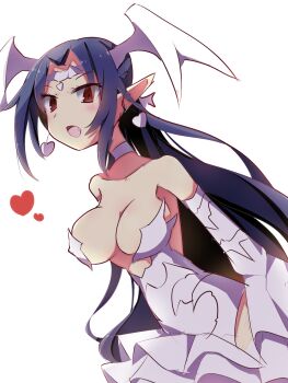 1girl bare_shoulders black_hair breasts choker cleavage collarbone detached_sleeves disgaea disgaea_6 dress earrings head_wings heart heart_earrings highres jewelry large_breasts long_hair makai_senki_disgaea_6 melodia_(disgaea) pointy_ears red_eyes smile solo white_dress white_neckwear white_sleeves wings