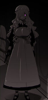 1girl apron breasts brooch closed_mouth commentary_request crazy_eyes dark_background dress eurasia_(wtp09ptw14) francoise_(eurasia) full_body glowing glowing_eye grey_background gun hair_over_one_eye handgun hat highres holding holding_gun holding_weapon jewelry large_breasts long_hair long_sleeves looking_at_viewer maid maid_apron mob_cap monochrome one_eye_covered original parted_bangs purple_eyes shoes sketch smile solo spot_color standing straight-on wavy_hair weapon