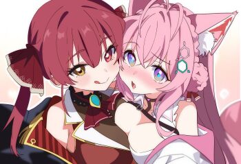 2girls absurdres animal_ears antenna_hair ascot asymmetrical_docking black_choker black_coat blush braid braided_bun breast_press breasts brooch choker coat collared_shirt commentary_request crown_braid double-parted_bangs double_bun frilled_choker frilled_shirt frills gold_trim hair_bun hair_ribbon hakui_koyori hakui_koyori_(1st_costume) heterochromia hexagon_hair_ornament highres hololive houshou_marine houshou_marine_(1st_costume) hutaba_haru jacket jewelry large_breasts licking_lips long_hair looking_at_viewer multiple_girls open_mouth pink_hair pink_tail purple_eyes red_ascot red_eyes red_hair red_jacket red_ribbon ribbon shirt sidelocks sleeveless sleeveless_jacket sleeveless_shirt smile tail tongue tongue_out twintails very_long_hair virtual_youtuber white_coat white_shirt wolf_ears wolf_girl wolf_tail yellow_eyes