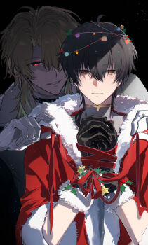 black_background black_gloves black_hair blonde_hair bound bound_wrists earrings fur_trim gloves glowing glowing_eyes green_hair heart heart-shaped_pupils heart_in_eye highres jewelry luuk_herssen_(wuthering_waves) male_rover_(wuthering_waves) multicolored_hair rover_(wuthering_waves) streaked_hair symbol-shaped_pupils symbol_in_eye watashi_wa_chibi wuthering_waves yellow_eyes