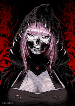 1girl absurdres adapted_costume artist_name baloolax black_background black_dress breasts cleavage commentary dress english_commentary eyelashes fang highres hololive hololive_english large_breasts long_hair looking_at_viewer mask mori_calliope mori_calliope_(1st_costume) mouth_mask pink_hair red_background red_eyes skull_mask solo spiked_hood twitter_username upper_body virtual_youtuber
