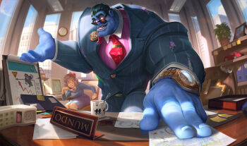 1boy 1girl alternate_costume black_hair blue_skin brown_eyes brown_hair building case cellphone chart chart_(object) coat coffee coffee_mug collared_coat collared_shirt colored_skin computer corporate_mundo cup day desk dr._mundo dress feet_out_of_frame glowing glowing_eyes highres league_of_legends lips long_hair looking_at_another mug muscular muscular_arms muscular_male necktie office office_lady official_art paper pencil phone plant portrait portrait_(object) potted_plant red_lips ribbon saliva saliva_trail shelf shirt short_hair sign skirt sky spoon sunglasses sunlight table teeth terrycantal thick_eyebrows tongue tongue_out torn_clothes toy warning_sign watch wooden_table