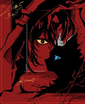 1boy absurdres arknights black_eyes blending blue_eyes cat chinese_commentary colored_sclera constricted_pupils covered_mouth crack dated english_text hair_between_eyes highres hood hood_up looking_at_viewer male_focus miss_christine_(arknights) mitterfly monochrome one_eye_covered phantom_(arknights) portrait red_background red_theme short_hair sideways_glance simple_background slit_pupils solo spot_color text_background yellow_pupils yellow_sclera