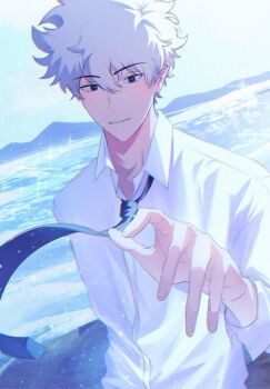 Rule 34 | 1boy, beach, black eyes, black necktie, collared shirt, day, dress shirt, hair between eyes, hand up, hashtag-only commentary, highres, long sleeves, looking at viewer, lu guang, male focus, mountain, necktie, ocean, outdoors, parted lips, reaching, reaching towards viewer, school uniform, shiguang dailiren, shirt, short hair, sky, smile, solo, sparkle, ss13057, upper body, water, white hair, white shirt