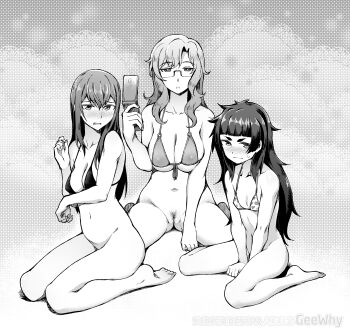 3girls absurdres artist_name bare_arms bare_shoulders barefoot blush bottomless breasts breasts_squeezed_together cellphone closed_mouth embarrassed female_pubic_hair fingernails flip_phone geewhy glasses greyscale hand_up highres hiyajou_maho holding holding_phone jitome kiryuu_moeka large_breasts legs long_hair looking_at_viewer makise_kurisu medium_breasts messy_hair monochrome multiple_girls navel nose_blush parted_lips phone pubic_hair pussy science_adventure seiza semi-rimless_eyewear sitting small_breasts steins;gate steins;gate_0 subscribestar_username sweat uncensored under-rim_eyewear wariza watermark web_address