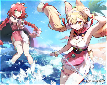 00000hds 2girls alice_thymefield alice_thymefield_(sea_of_thyme) animal_ears arm_up armpits beach blonde_hair bracelet braid breasts cleavage eyewear_on_head green_eyes heart heart-shaped_eyewear highres holding holding_water_gun jewelry long_hair looking_at_another low-tied_long_hair medium_breasts multiple_girls official_alternate_costume official_alternate_hairstyle one-piece_swimsuit open_mouth pink_one-piece_swimsuit rabbit_ears rabbit_girl rabbit_tail red_hair smile swimsuit tail thigh_strap twintails ukinami_yuzuha ukinami_yuzuha_(tanuki_in_broad_daylight) water_gun white_one-piece_swimsuit yellow_eyes zenless_zone_zero