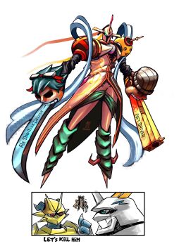 absurdres armor blue_eyes chaosmon digimon digimon_(creature) floating gun highres horns mamemon mameo_(digimon) meme omegamon oridigi original sword taiga_(digimon) weapon what why