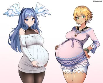 2girls absurdres bare_shoulders blonde_hair blue_eyes blush bracelet breasts brown_pantyhose closed_mouth commentary commentary_request cowboy_shot dress english_commentary fingernails fiora_(xenoblade) gradient_background green_eyes grey_hair hand_on_own_hip head_wings highres jarckius jewelry long_hair looking_at_viewer medium_breasts melia_antiqua mixed-language_commentary multiple_girls necklace off-shoulder_sweater off_shoulder pantyhose pink_background pregnant short_hair smile sweater sweater_dress tan twitter_username white_background wings xenoblade_chronicles_(series) xenoblade_chronicles_1 xenoblade_chronicles_3