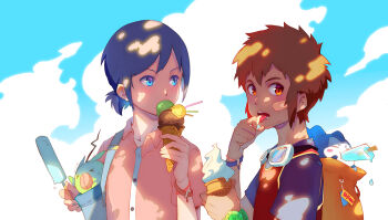 1boy 1girl bag bandaid bandaid_on_face blue_eyes blue_sky bracelet brown_hair character_request chibimon cloud commentary_request digimon digimon_(creature) food goggles goggles_around_neck holding holding_food holding_popsicle ice_cream ichijouji_ken jewelry kariki_hajime orange_eyes outdoors pink_shirt popsicle shirt short_hair sky