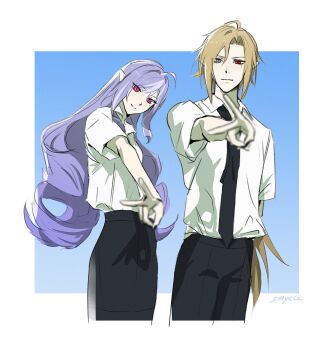 Rule 34 | 1boy, 1girl, absurdres, alternate costume, black necktie, black pants, blonde hair, collared shirt, commentary, cowboy shot, heterochromia, highres, hugo vlad, long hair, looking at viewer, mole, mole under eye, necktie, pants, purple hair, red eyes, school uniform, shirt, smile, smyecc, untranslatable commentary, v, vivian banshee, white shirt, zenless zone zero