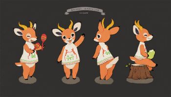 1boy animal_crossing beau_(animal_crossing) blue_eyes body_fur deer_boy eating food fruit full_body furry furry_male green_background holding holding_food holding_fruit holding_instrument holding_maracas hooves instrument looking_at_viewer male_focus maracas multiple_views nagabe nintendo on_tree_stump orange_fur pear simple_background sleeveless sleeveless_sweater sweater tail tree_stump white_sweater