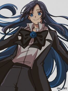 1girl ado_(utaite) black_bow black_bowtie black_coat black_hair black_pants blue_eyes blue_hair bow bowtie chando_(ado) closed_mouth coat commentary_request highres keeko_(kk_0012) long_hair nail_polish open_mouth pants shirt simple_background solo utaite white_background white_shirt