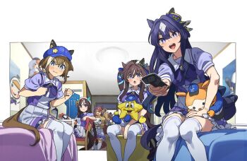 6+girls animal_ears aston_machan_(umamusume) bag baseball_cap baseball_jersey beret blue_eyes blue_hair blue_ribbon blush bow bowtie braid breasts brown_hair chair character_doll character_request cheval_grand_(umamusume) closed_eyes closed_mouth controller crown desk_lamp doll donut ear_covers ears_through_headwear food hair_between_eyes hair_ornament hair_ribbon hat highres hokko_tarumae_(umamusume) holding holding_donut holding_food holding_remote_control horse_ears horse_girl horse_tail jersey lamp long_hair medium_hair mini_crown mole mole_under_eye multicolored_hair multiple_girls nishiki_kazue on_chair open_mouth pleated_skirt poster_(object) puffy_short_sleeves puffy_sleeves purple_bow purple_bowtie purple_eyes purple_shirt remote_control ribbon sailor_collar sailor_shirt school_uniform shirt short_sleeves single_ear_cover sitting skirt smile streaked_hair stuffed_animal stuffed_toy super_creek_(umamusume) tail thighhighs tilted_headwear tomachop tracen_school_uniform twin_braids twintails umamusume v_sisters verxina_(umamusume) very_long_hair vivlos_(umamusume) white_hair white_hat white_sailor_collar white_skirt white_thighhighs
