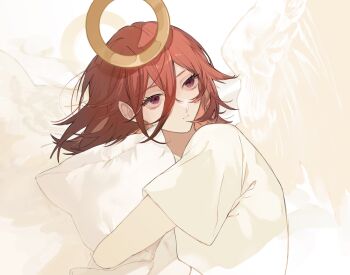 1boy alternate_costume angel angel_devil_(chainsaw_man) angel_wings brown_eyes brown_hair chainsaw_man closed_mouth commentary_request hair_between_eyes halo highres hugging_object long_hair long_hair_between_eyes male_focus mizutani_(zattany) pillow pillow_hug shirt short_sleeves solo t-shirt traditional_halo white_shirt white_wings wings