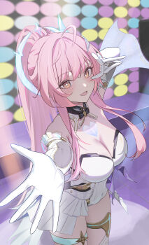 Rule 34 | 1girl, absurdres, aemeath (wuthering waves), bare shoulders, breasts, cleavage, commentary, covered navel, elbow gloves, gloves, highres, ilu, long hair, looking at viewer, medium breasts, open mouth, orange eyes, pink hair, ponytail, showgirl skirt, skirt, smile, solo, star-shaped pupils, star (symbol), symbol-shaped pupils, tacet mark (wuthering waves), thighs, v, white gloves, white skirt, wuthering waves