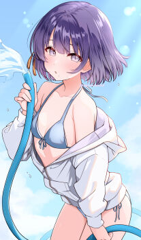 1girl bare_shoulders bikini blue_bikini blue_sky blush breasts chiyosuke_(nosuke21) collarbone commentary_request cowboy_shot day gakuen_idolmaster grey_eyes hair_ornament halterneck hataya_misuzu highres holding holding_hose hose idolmaster jacket jacket_partially_removed kimi_to_semi_blue_(idolmaster) layered_bikini leaning_forward looking_at_viewer mole mole_under_mouth official_alternate_costume outdoors parted_lips purple_hair short_hair side-tie_bikini_bottom sky small_breasts solo string_bikini swimsuit tassel tassel_hair_ornament water white_jacket
