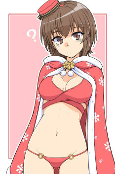 1girl ? blush breasts brown_eyes brown_hair cape cleavage closed_mouth commentary_request girls_und_panzer hat highres large_breasts looking_at_viewer lowleg navel nishizumi_maho panties red_panties renshiu short_hair simple_background solo underwear