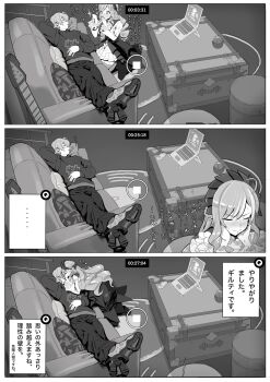 1boy 1girl closed_eyes computer couch drill_hair greyscale highres kiss laptop long_hair long_sleeves mazarimon monochrome recording shoes sleeping translation_request vivian_banshee wise_(zenless_zone_zero) zenless_zone_zero