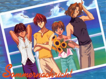 1990s_(style) 4boys :d absurdres armpits arms_behind_head bird brown_eyes brown_hair cloud day dutch_angle flower fujimiya_ran hidaka_ken highres horizon kudou_youji lineup looking_at_viewer magazine_scan male_focus multiple_boys non-web_source ocean official_art open_mouth outdoors pants photo_(object) red_hair retro_artstyle scan seagull shirt sky sleeveless smile sunflower tsukiyono_omi water watercraft weiss_kreuz