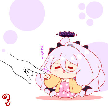 Rule 34 | 1girl, 1other, :d, = =, black wings, blue archive, blush, brown jacket, chibi, closed eyes, collared shirt, colored shadow, commentary request, disembodied hand, dress shirt, e.t., finger touching, grey hair, hair between eyes, hair ornament, hairclip, halo, hina (blue archive), hina (pajamas) (blue archive), horns, jacket, kurukurumagical, notice lines, open clothes, open jacket, open mouth, pajamas, pink pajamas, pink shirt, pink skirt, polka dot, polka dot pajamas, polka dot shirt, polka dot skirt, shadow, shirt, simple background, single hair intake, skirt, smile, solo focus, standing, translation request, white background, wings