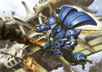 aircraft burning cable cloud cloudy_sky commentary_request damaged dunbine fantasy flying highres machinery mecha mecha_focus military military_vehicle no_humans original realistic redesign robot science_fiction seisenshi_dunbine shoulder_spikes sky spikes sword takani_yoshiyuki_(style) talons weapon youkoumori