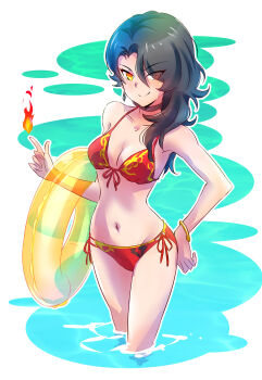 1girl bikini black_hair bracelet breasts choker cinder_fall cleavage commentary_request earrings eyes_visible_through_hair fire gold_bracelet hair_over_one_eye halterneck hand_on_own_hip highres iesupa innertube jewelry long_hair medium_breasts navel orange_eyes pointing pyrokinesis red_bikini rwby side-tie_bikini_bottom smile solo string_bikini swim_ring swimsuit transparent wading water