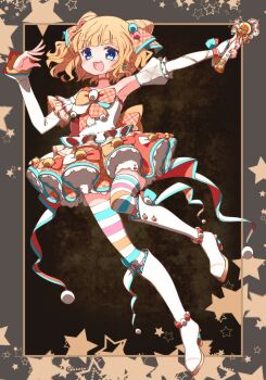 1girl :3 :d arms_up bad_id bad_twitter_id blonde_hair blue_eyes blunt_bangs boots commentary_request cone_hair_bun detached_sleeves double_bun frilled_skirt frills full_body hair_bun highres holding holding_microphone idol_clothes image_sample knee_boots looking_at_viewer microphone minami_mirei open_mouth orange_skirt outstretched_arm plaid_clothes plaid_skirt pretty_series pripara ruru_ashihara shirt short_hair skirt smile solo standing standing_on_one_leg star_(symbol) star_symbol_background striped_clothes striped_thighhighs thighhighs twitter_sample white_boots white_shirt